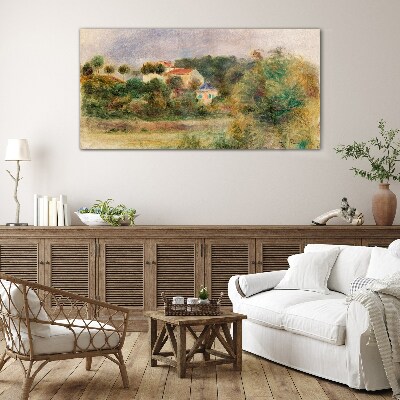 Glas foto Een idyllisch landschap met een huis