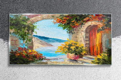 Foto op glas Zeegezicht met bloemen