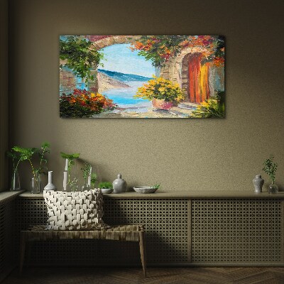 Foto op glas Zeegezicht met bloemen