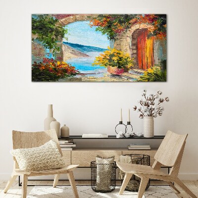 Foto op glas Zeegezicht met bloemen