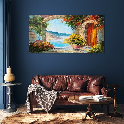 Foto op glas Zeegezicht met bloemen