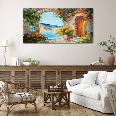 Foto op glas Zeegezicht met bloemen