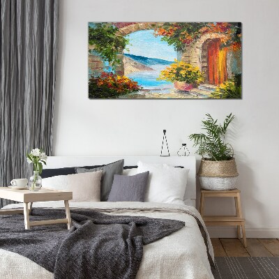 Foto op glas Zeegezicht met bloemen