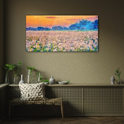 Glas foto Bloemenlandschap bij zonsondergang