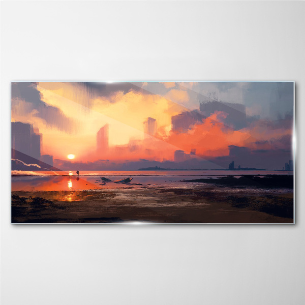 Schilderij op glas Zonsondergang boven de horizon van de stad