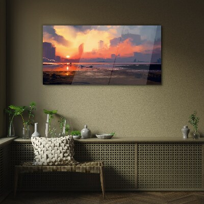 Schilderij op glas Zonsondergang boven de horizon van de stad
