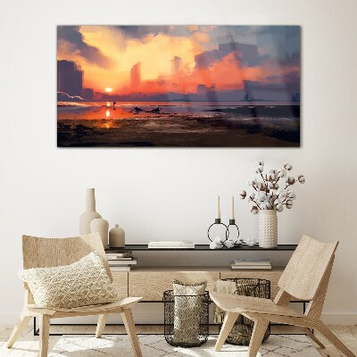 Schilderij op glas Zonsondergang boven de horizon van de stad