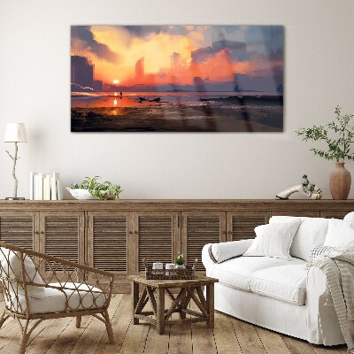 Schilderij op glas Zonsondergang boven de horizon van de stad