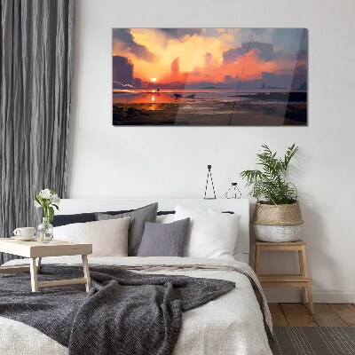 Schilderij op glas Zonsondergang boven de horizon van de stad