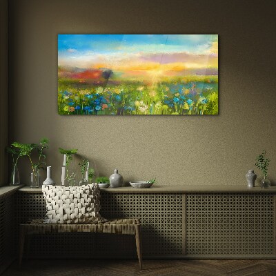 Glas foto Bloemenlandschap in de ochtend