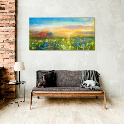 Glas foto Bloemenlandschap in de ochtend