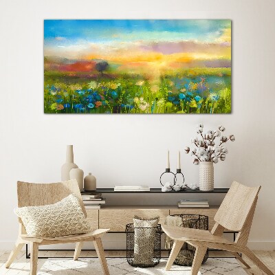 Glas foto Bloemenlandschap in de ochtend