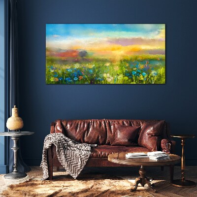 Glas foto Bloemenlandschap in de ochtend