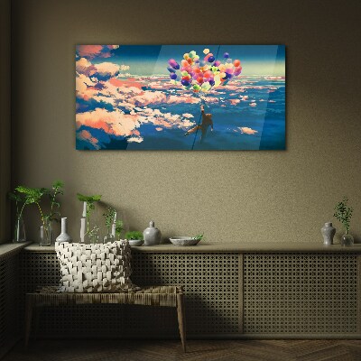 Glas foto Vlucht in de wolken met ballonnen