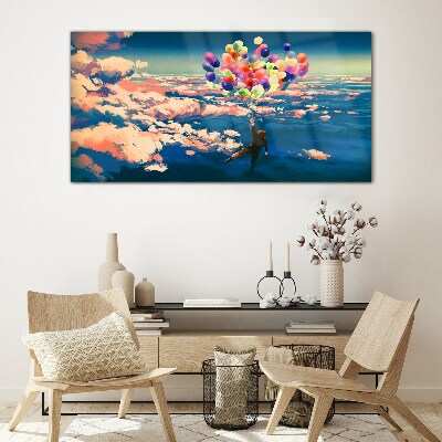 Glas foto Vlucht in de wolken met ballonnen