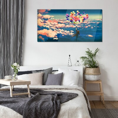 Glas foto Vlucht in de wolken met ballonnen