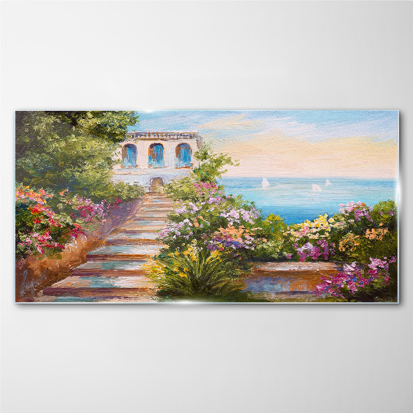 Schilderij op glas Een wandeling tussen de bloemen aan zee