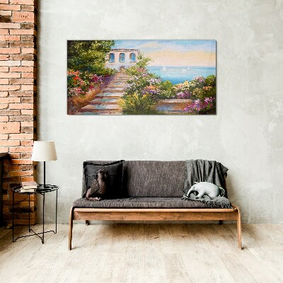 Schilderij op glas Een wandeling tussen de bloemen aan zee