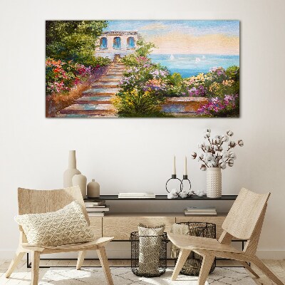 Schilderij op glas Een wandeling tussen de bloemen aan zee