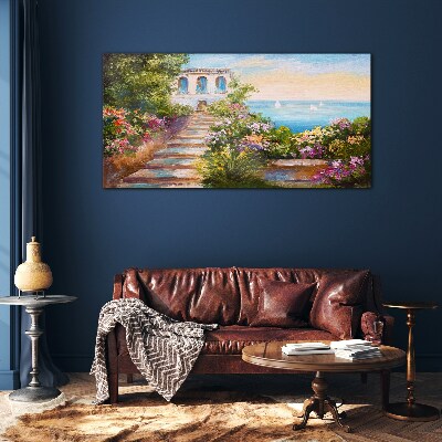 Schilderij op glas Een wandeling tussen de bloemen aan zee