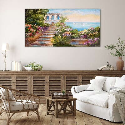 Schilderij op glas Een wandeling tussen de bloemen aan zee