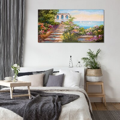 Schilderij op glas Een wandeling tussen de bloemen aan zee