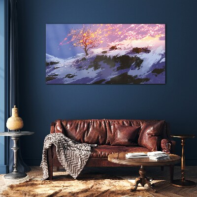 Glas foto Winterlandschap met een brandende boom