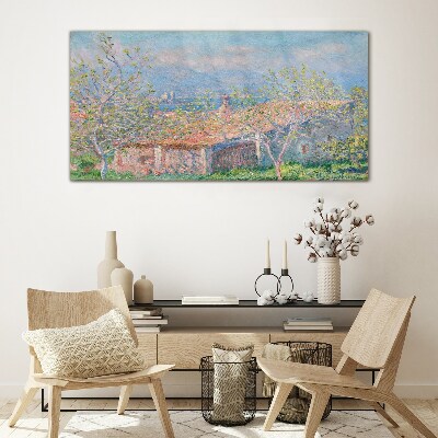 Glas foto Een vredig landschap met een huis en bomen