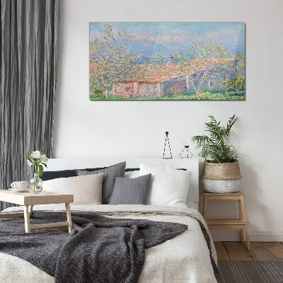 Glas foto Een vredig landschap met een huis en bomen