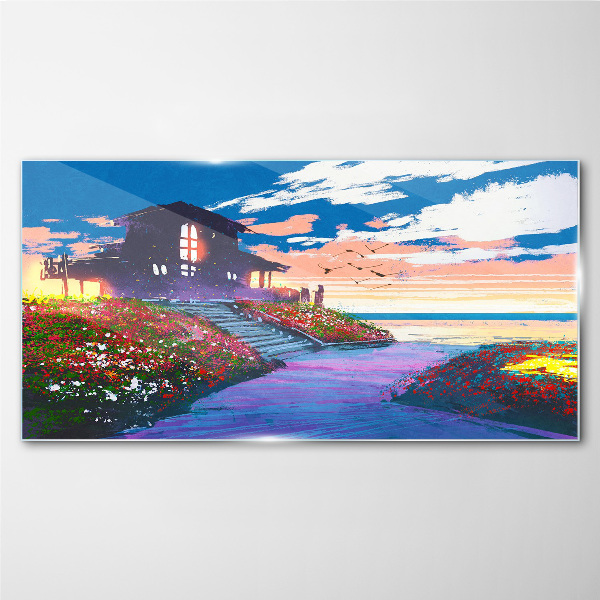 Foto op glas Zonsondergang over de bloemrijke kust