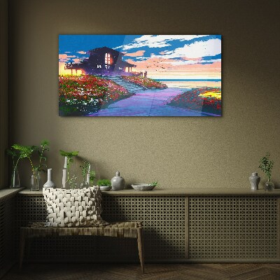 Foto op glas Zonsondergang over de bloemrijke kust