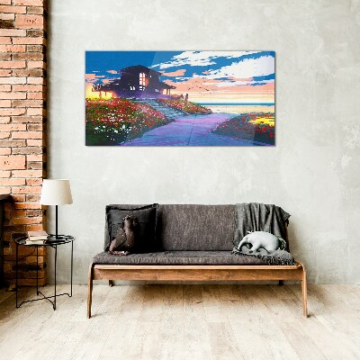 Foto op glas Zonsondergang over de bloemrijke kust