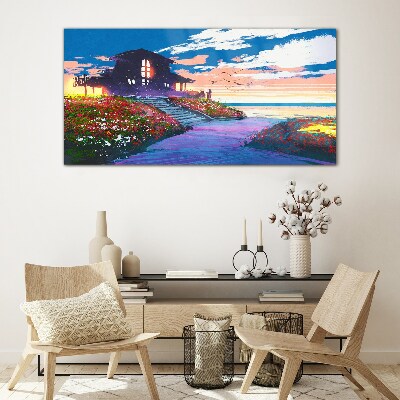 Foto op glas Zonsondergang over de bloemrijke kust