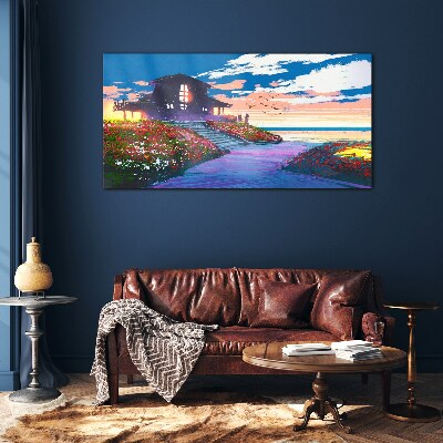 Foto op glas Zonsondergang over de bloemrijke kust