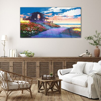 Foto op glas Zonsondergang over de bloemrijke kust