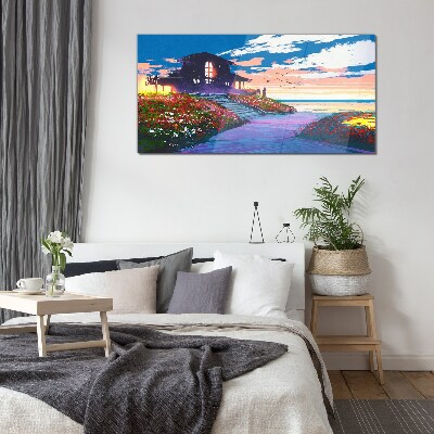 Foto op glas Zonsondergang over de bloemrijke kust