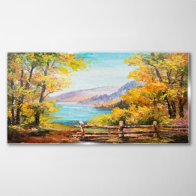 Schilderij op glas Herfstlandschap aan het meer