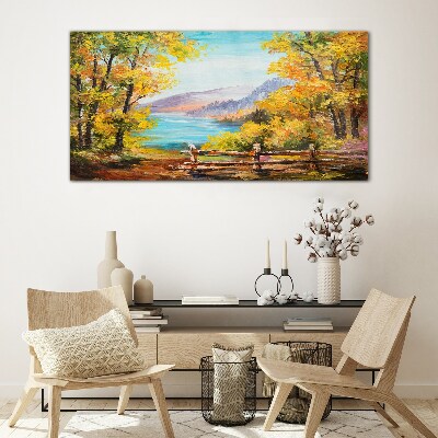 Schilderij op glas Herfstlandschap aan het meer