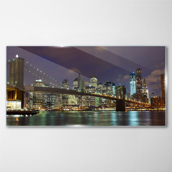Foto op glas Brooklyn Bridge in het nachtelijk schijnsel