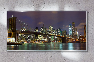 Foto op glas Brooklyn Bridge in het nachtelijk schijnsel