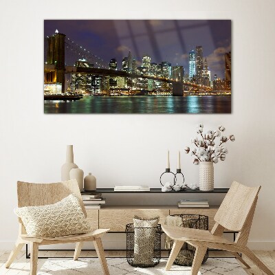 Foto op glas Brooklyn Bridge in het nachtelijk schijnsel