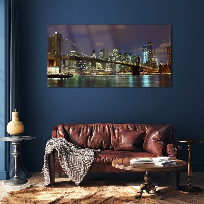 Foto op glas Brooklyn Bridge in het nachtelijk schijnsel