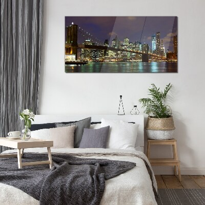 Foto op glas Brooklyn Bridge in het nachtelijk schijnsel