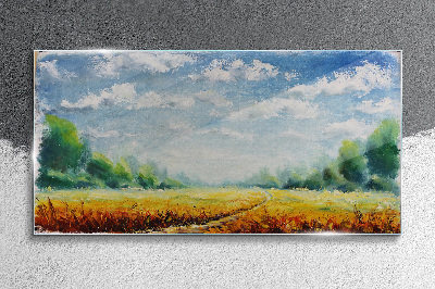 Foto op glas Zomervelden onder een blauwe lucht