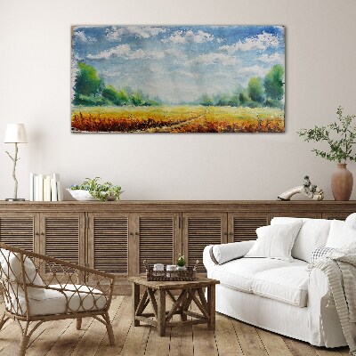 Foto op glas Zomervelden onder een blauwe lucht