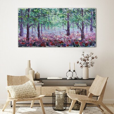 Schilderij op glas Bloemenbos in de ochtend