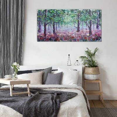 Schilderij op glas Bloemenbos in de ochtend