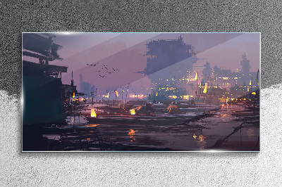 Glas foto Zonsondergang boven de haven