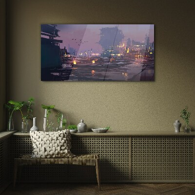 Glas foto Zonsondergang boven de haven