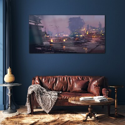 Glas foto Zonsondergang boven de haven